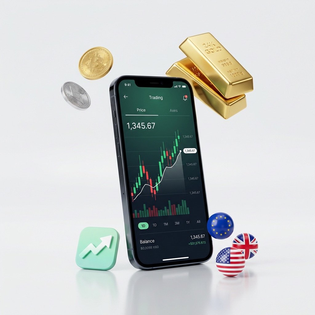 A smartphone showing a trading chart, surrounded by gold bars, coins and currency flags