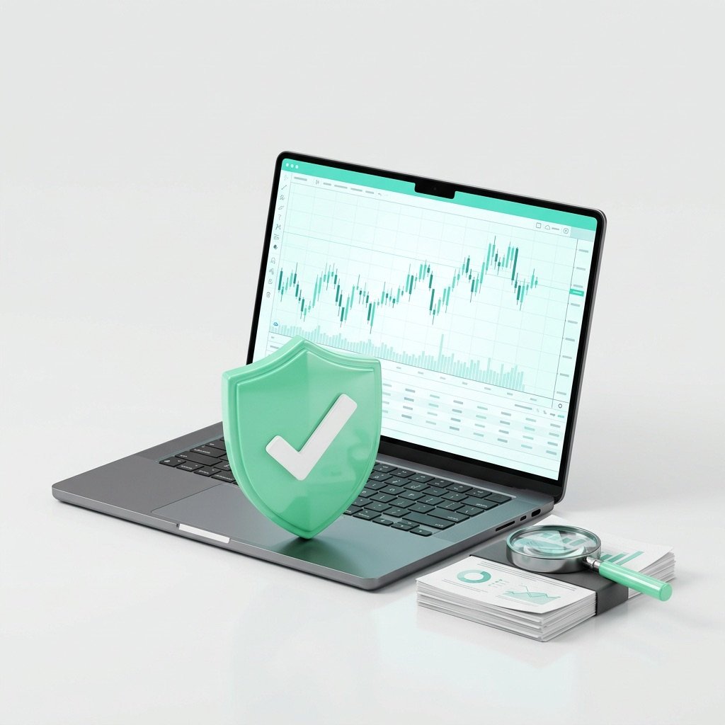 A laptop showing a trading platform next to a shield with a check mark and a magnifying glass on documents